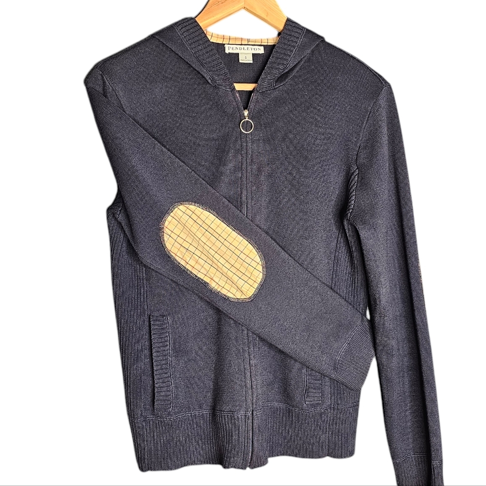 Pendleton Full Zip Navy Elbow Patch Plaid Hooded … - image 1